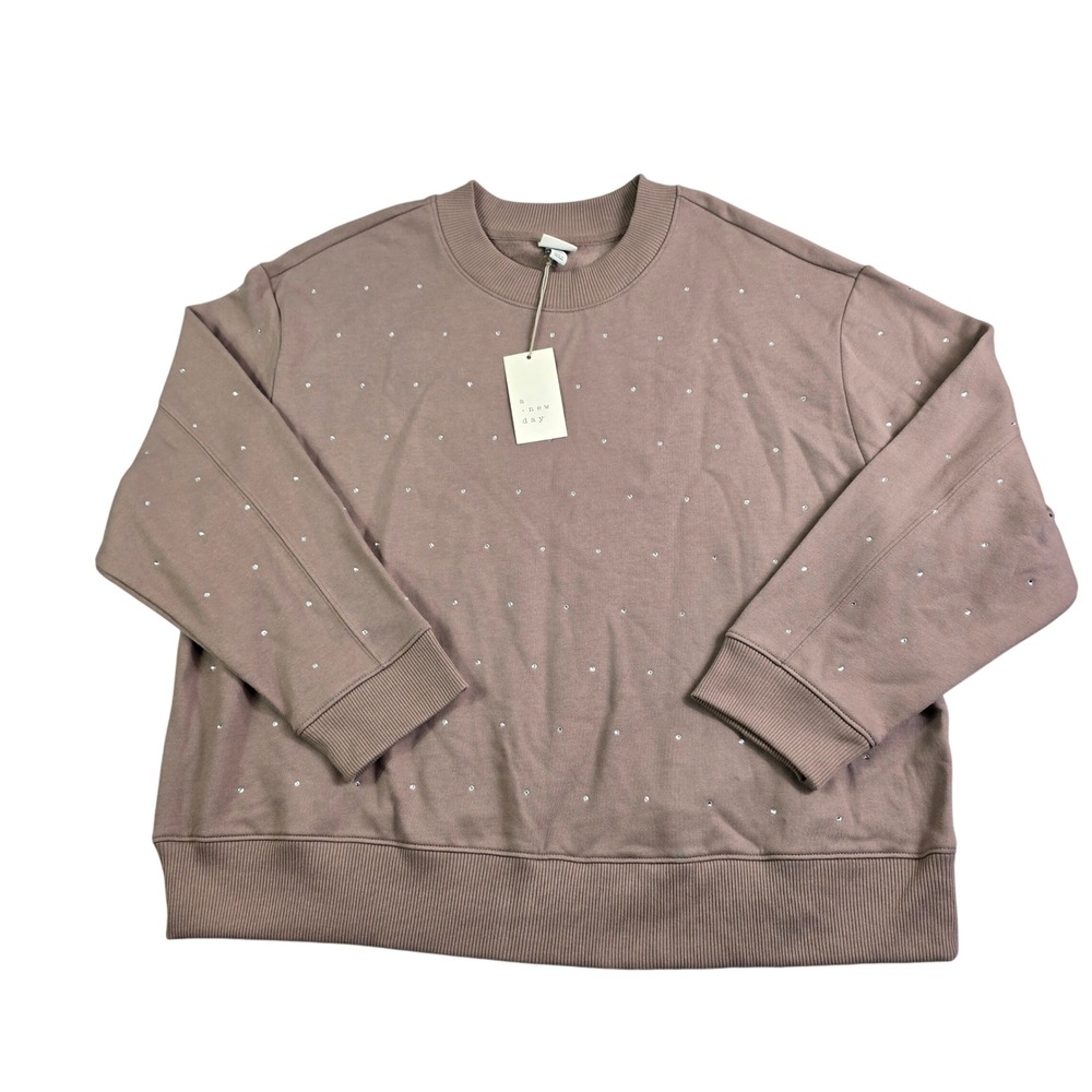 A New Day Sweatshirt Women XXL Taupe Rhinestone Embellished Fleece Crewneck New